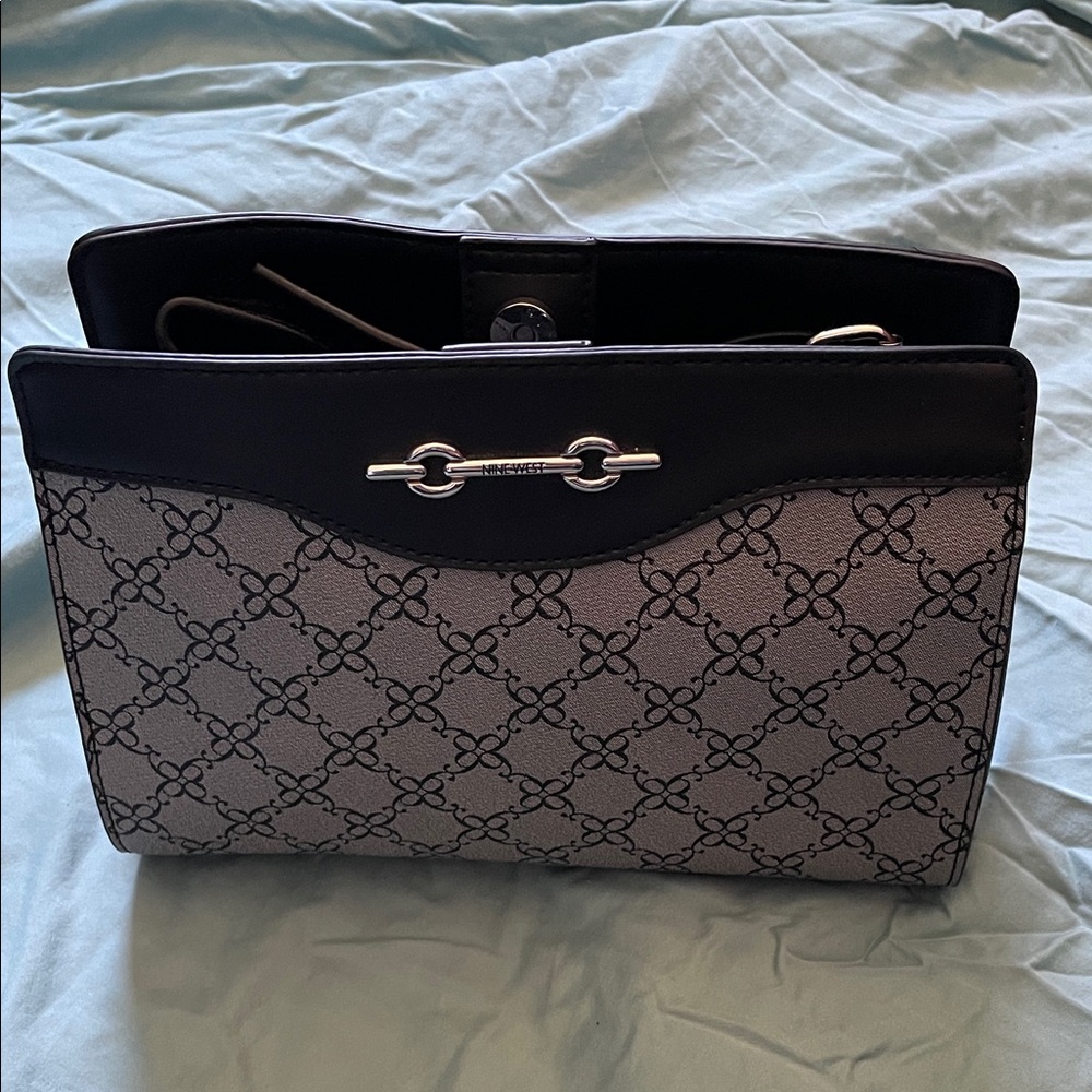 Nine West Ellena Mini Black and Gray Patterned Shoulder Bag Granite Logo